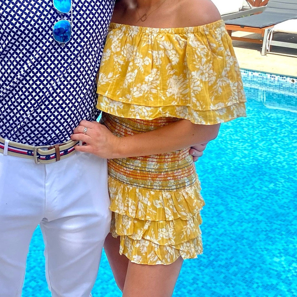 Tularosa ruched off-the-shoulder dress with ruffle bottom & removable straps